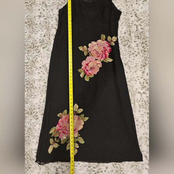 Robbie Bee SZ 12 Vintage 100% Silk Black Floral Beaded Midi Sleeveless Dress - Picture 8 of 11